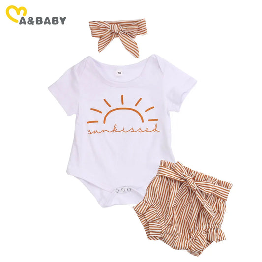 Ma&Baby 0-24M Summer Newborn Infant Baby Girl Outfits Letter Romper Bow Striped Shorts Clothes Set Toddler Girls Costumes