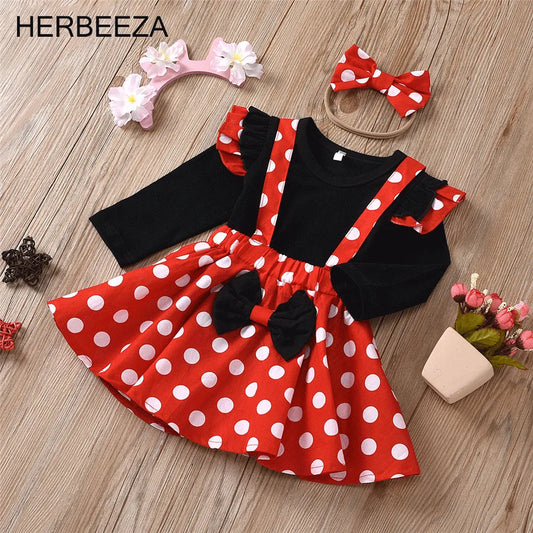 HERBEEZA Newborns Baby Clothes Polka Dots Toddler Baby Strap Dress+Top-Shirt+Bowknot Minnie Baby Girl Clothing Summer Baby Sets