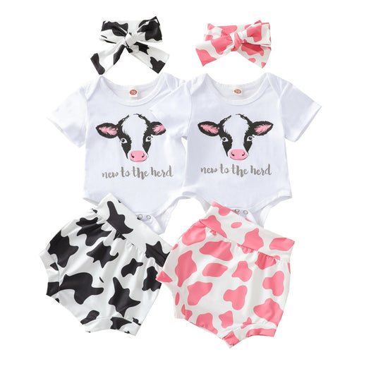 3 Pcs 0-24M Newborn Baby Girl Casual Outfits Cow Pattern Short Sleeve Romper + Shorts + Headband