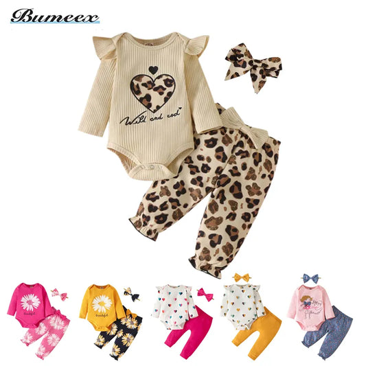 Bumeex Newborn Clothes Baby Girl Clothes Sets Baby Clothes Ruffle Jumpsuit Tops Bow Heart Print Pants Newborn Toddler Clothing